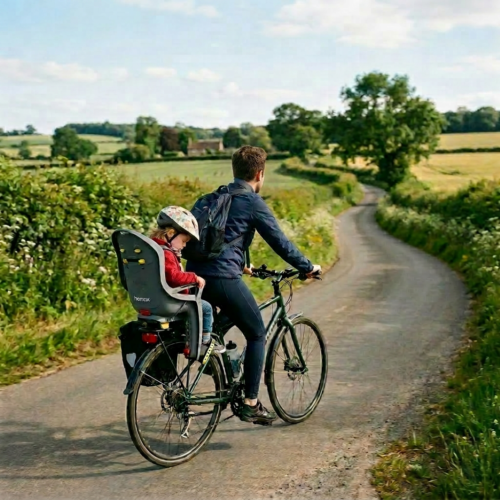 Adult cycling on a country road with a child seated behind in a bike seat, both wearing helmets